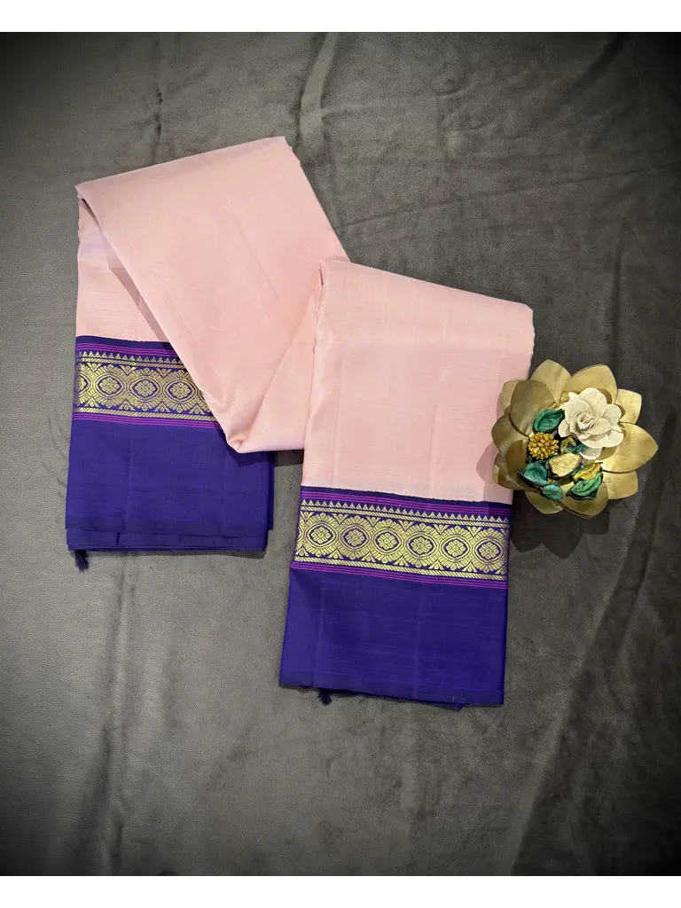 Blush Pink Pure Kanjivaram Silk Saree with Royal Blue Zari Border