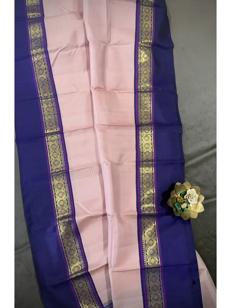 Blush Pink Pure Kanjivaram Silk Saree with Royal Blue Zari Border