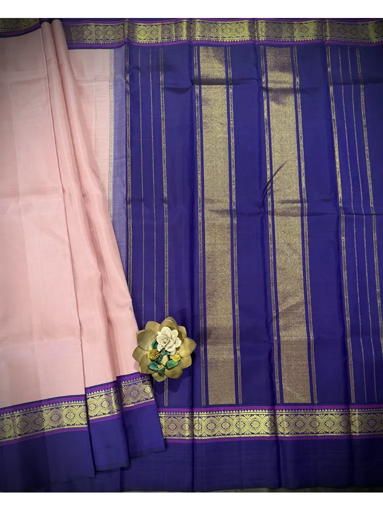 Blush Pink Pure Kanjivaram Silk Saree with Royal Blue Zari Border