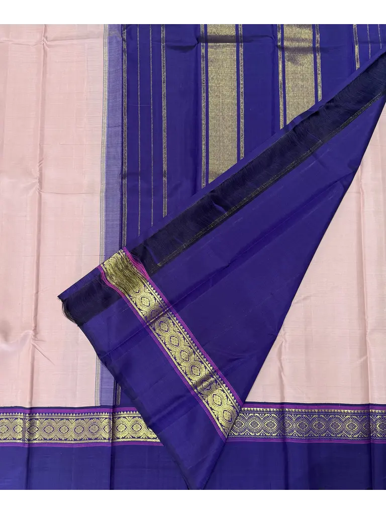 Blush Pink Pure Kanjivaram Silk Saree with Royal Blue Zari Border