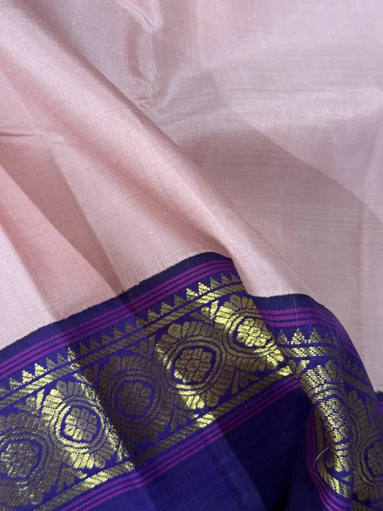 Blush Pink Pure Kanjivaram Silk Saree with Royal Blue Zari Border