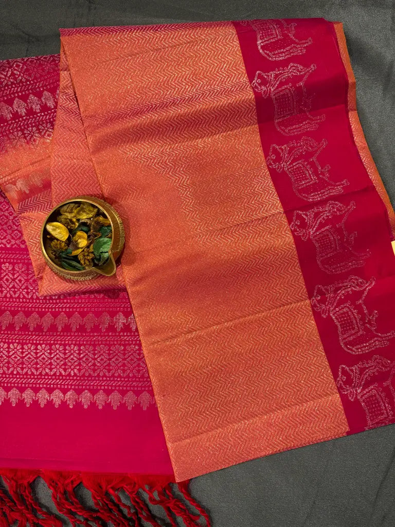 Peach Orange Soft Silk Saree with Rani Pink Annam Zari Border