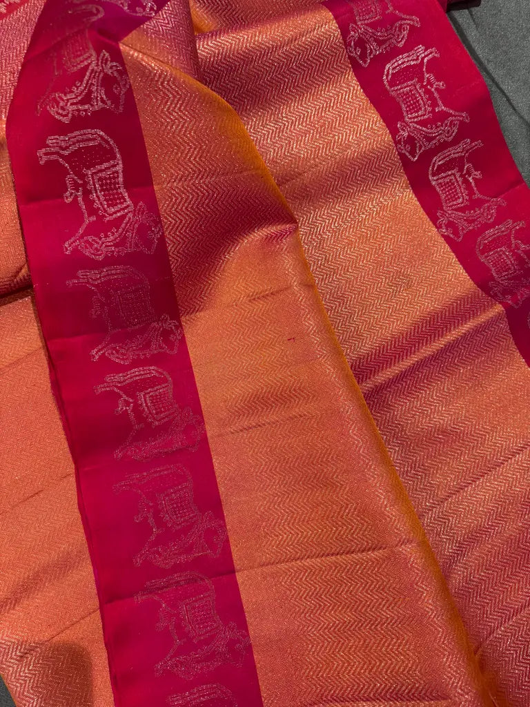 Peach Orange Soft Silk Saree with Rani Pink Annam Zari Border