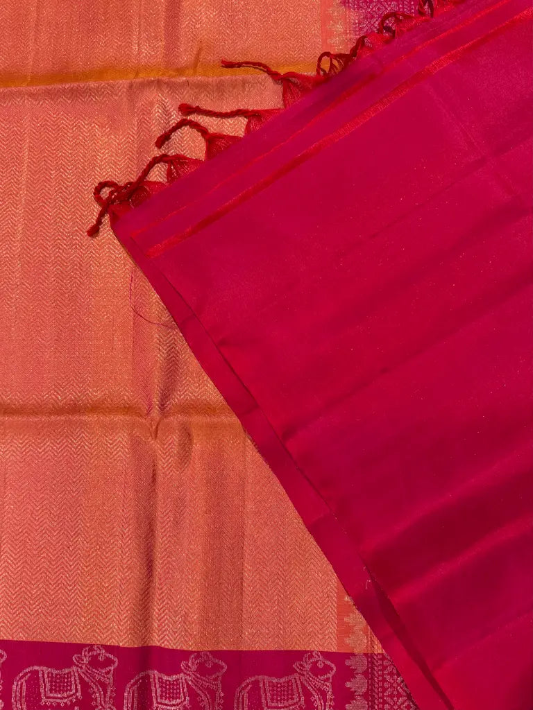 Peach Orange Soft Silk Saree with Rani Pink Annam Zari Border