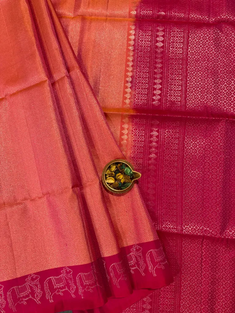 Peach Orange Soft Silk Saree with Rani Pink Annam Zari Border