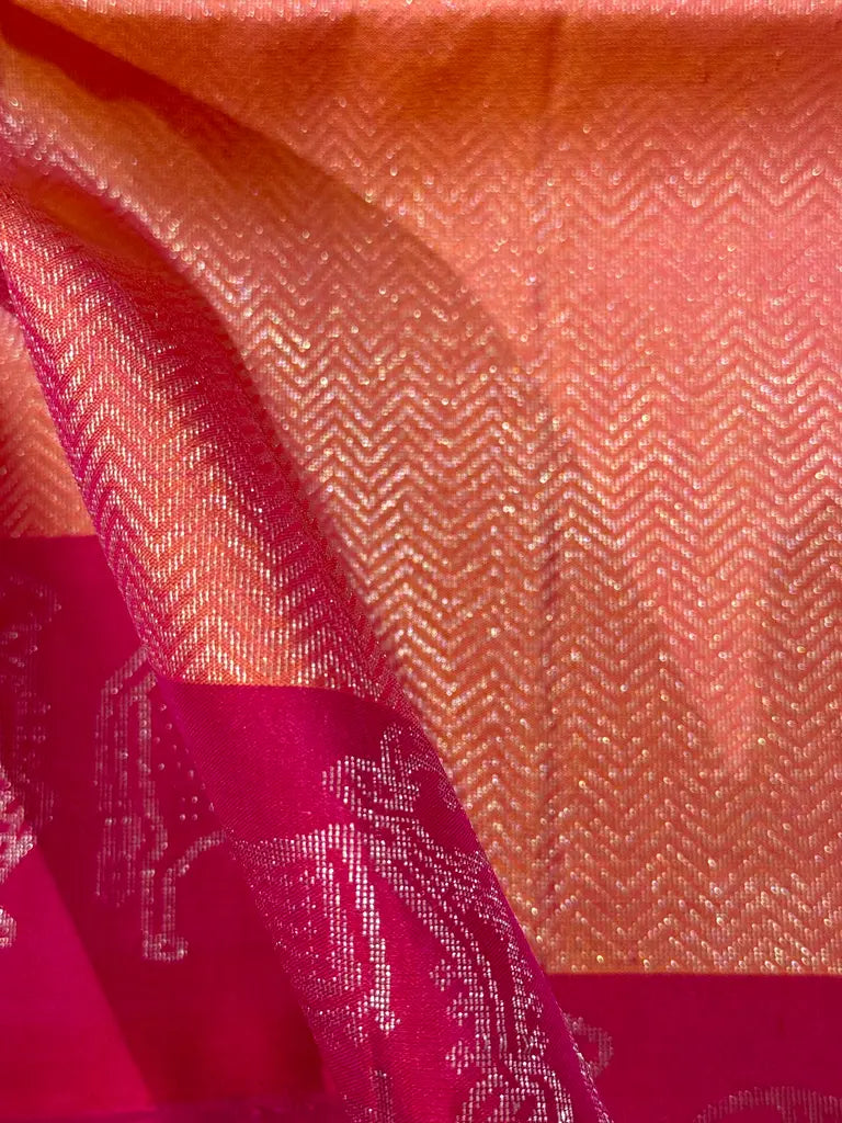 Peach Orange Soft Silk Saree with Rani Pink Annam Zari Border