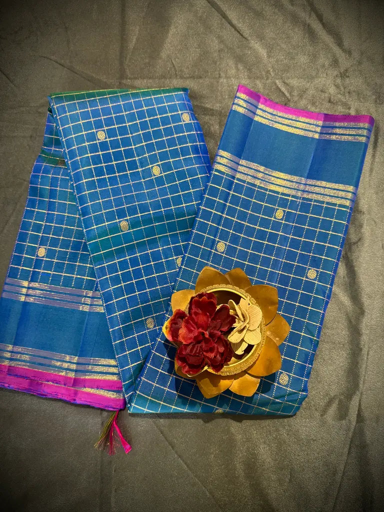 Peacock Blue Kattam Design Kanchi Silk Saree with Magenta Selvedge