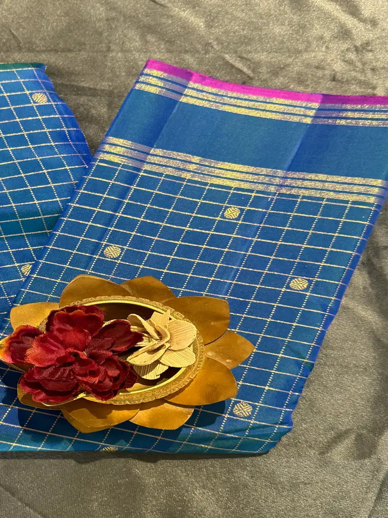 Peacock Blue Kattam Design Kanchi Silk Saree with Magenta Selvedge