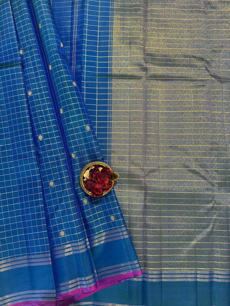 Peacock Blue Kattam Design Kanchi Silk Saree with Magenta Selvedge