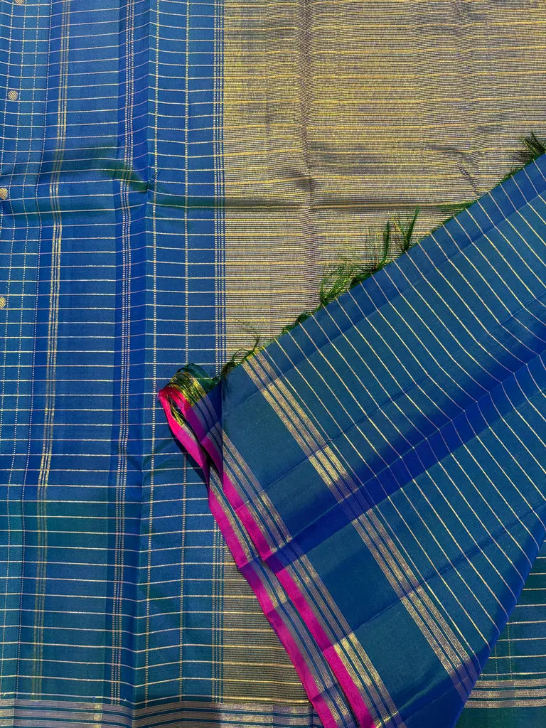 Peacock Blue Kattam Design Kanchi Silk Saree with Magenta Selvedge