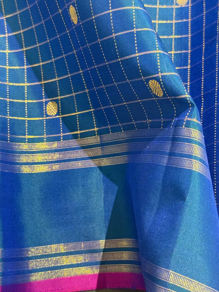 Peacock Blue Kattam Design Kanchi Silk Saree with Magenta Selvedge