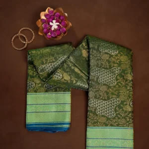 Dark Green Brocade Kanchipuram Silk Saree with Wide Mint Green Zari Border