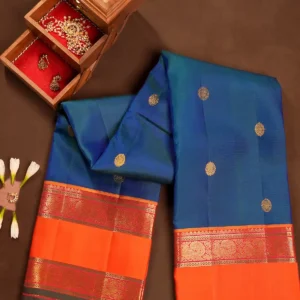 Royal Blue Kanchipuram Silk Saree with Zari Buttas, Orange Rettai Pettu Border & Red Brocade Pallu