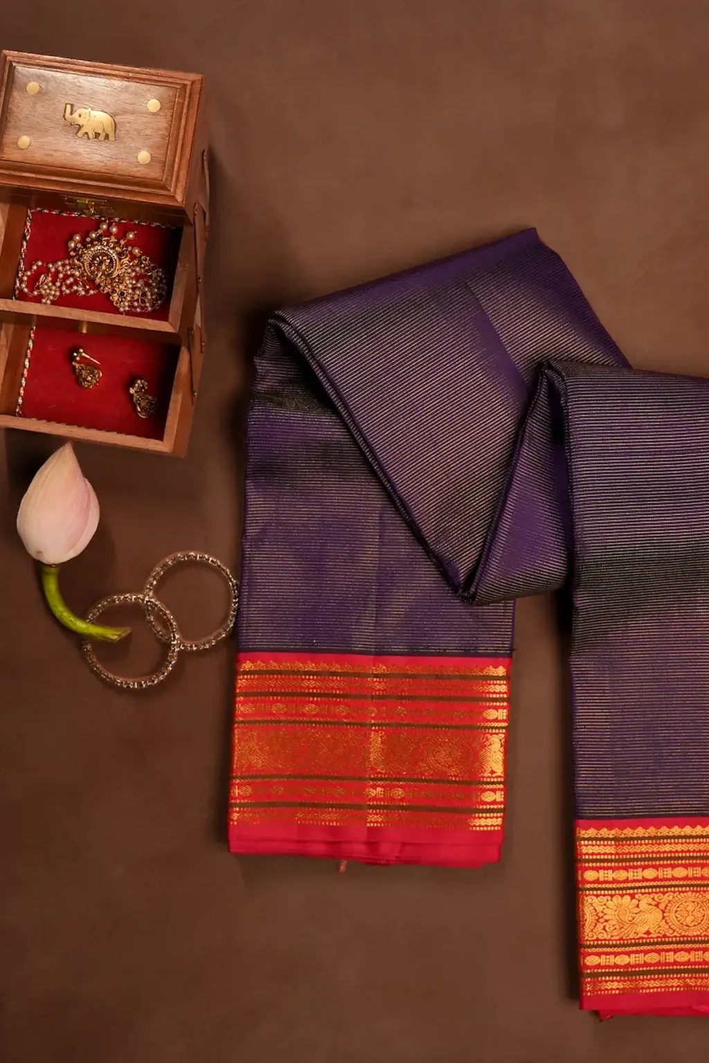Violet Kanchipuram Silk Saree with Zari Pinstripes, Red Gold Zari Border & Rich Brocade Pallu