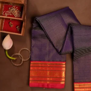 Violet Kanchipuram Silk Saree with Zari Pinstripes, Red Gold Zari Border & Rich Brocade Pallu