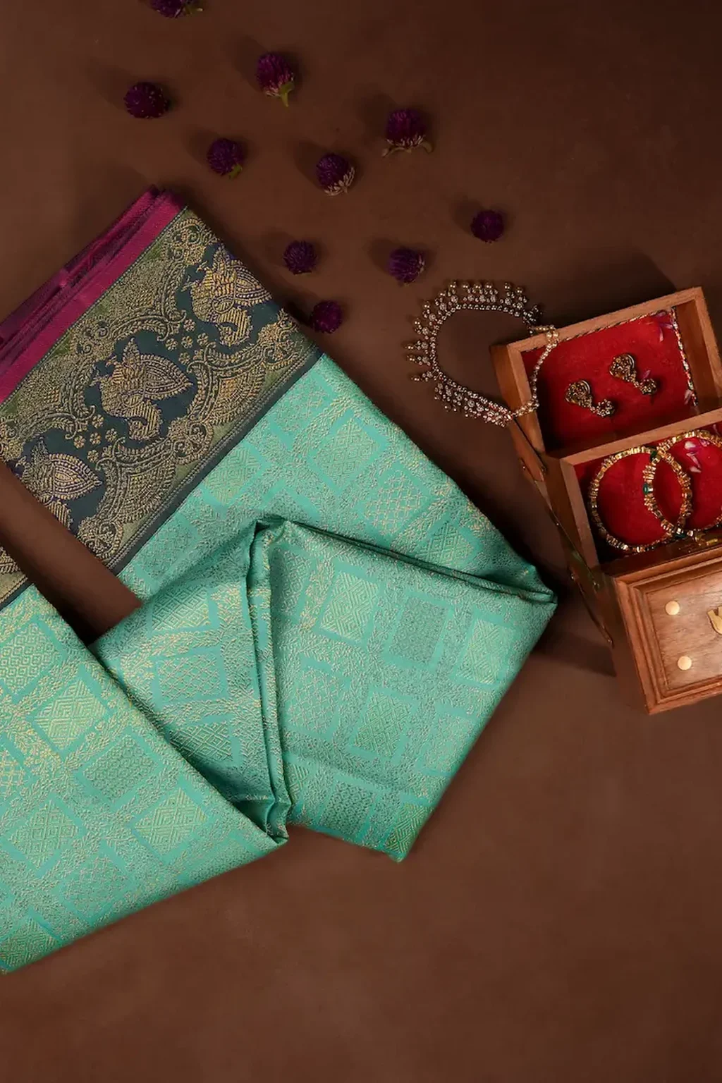 Sea Green Brocade Kanchipuram Silk Saree with Wide Dark Green Peacock Zari Border