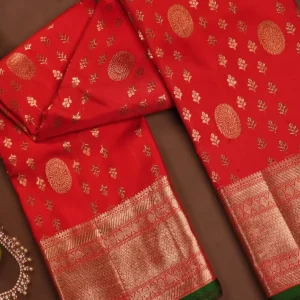 Red Kanchipuram Silk Saree with All-Over Zari Buttas, Wide Gold Zari Border & Green Edge