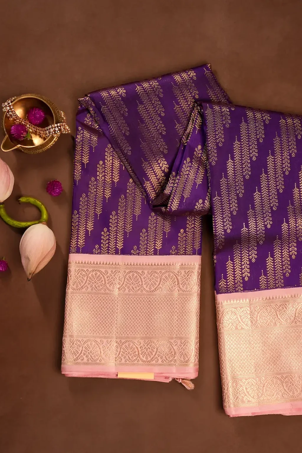 Violet Kanchipuram Silk Saree with All-Over Zari Leaf Motifs & Grand Baby Pink Zari Pallu