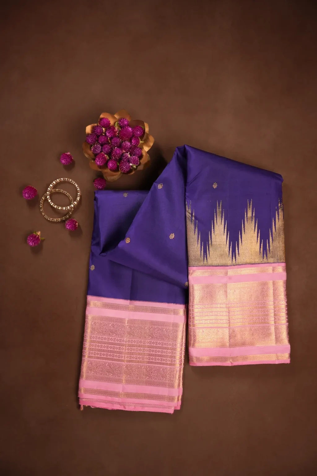 Violet Kanchipuram Silk Saree with Gold Temple Zari Edge & Pastel Pink Korvai Border