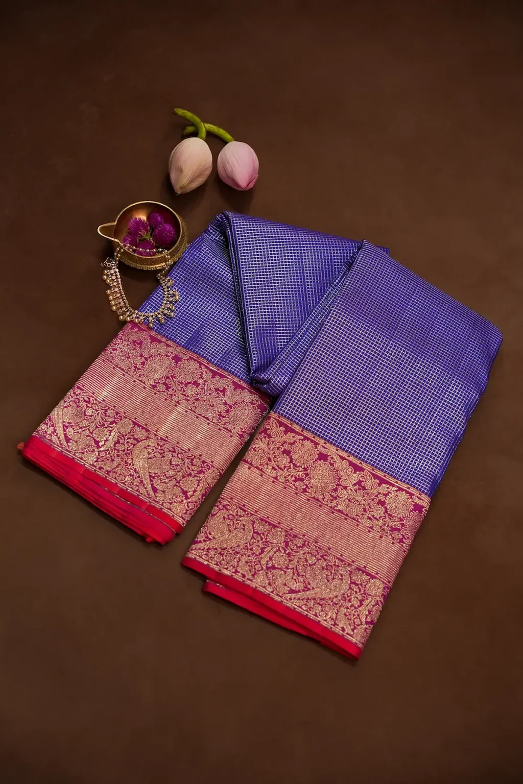 Blue Kanchipuram Silk Saree with Wide Magenta Zari Border, Red Edge & Brocade Pallu