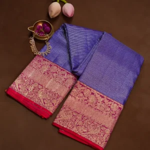 Blue Kanchipuram Silk Saree with Wide Magenta Zari Border, Red Edge & Brocade Pallu