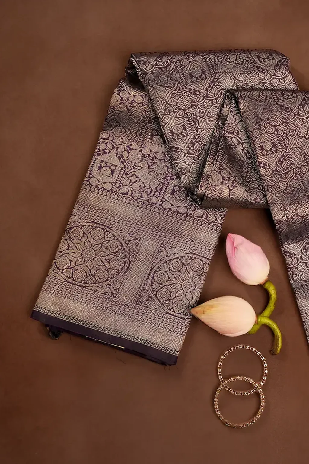 Aubergine Kanchipuram Silk Saree with All-Over Silver Zari Mandala Motifs & Paisley Band Pallu