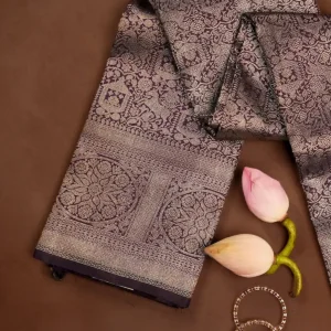 Aubergine Kanchipuram Silk Saree with All-Over Silver Zari Mandala Motifs & Paisley Band Pallu