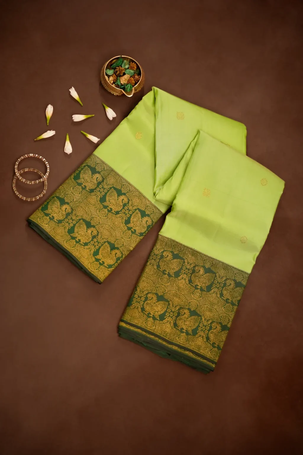 Lime Green Kanchipuram Silk Saree with Wide Dark Green Peacock Zari Border