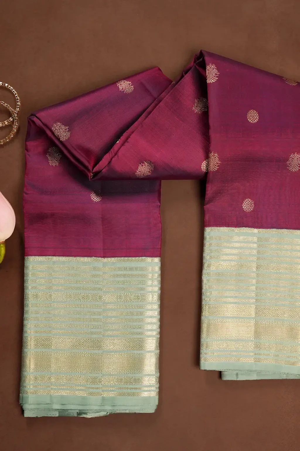 Wine Kanchipuram Silk Saree with Zari Buttas, Sage Green Zari Border & Brocade Pallu