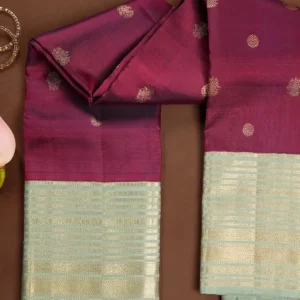 Wine Kanchipuram Silk Saree with Zari Buttas, Sage Green Zari Border & Brocade Pallu