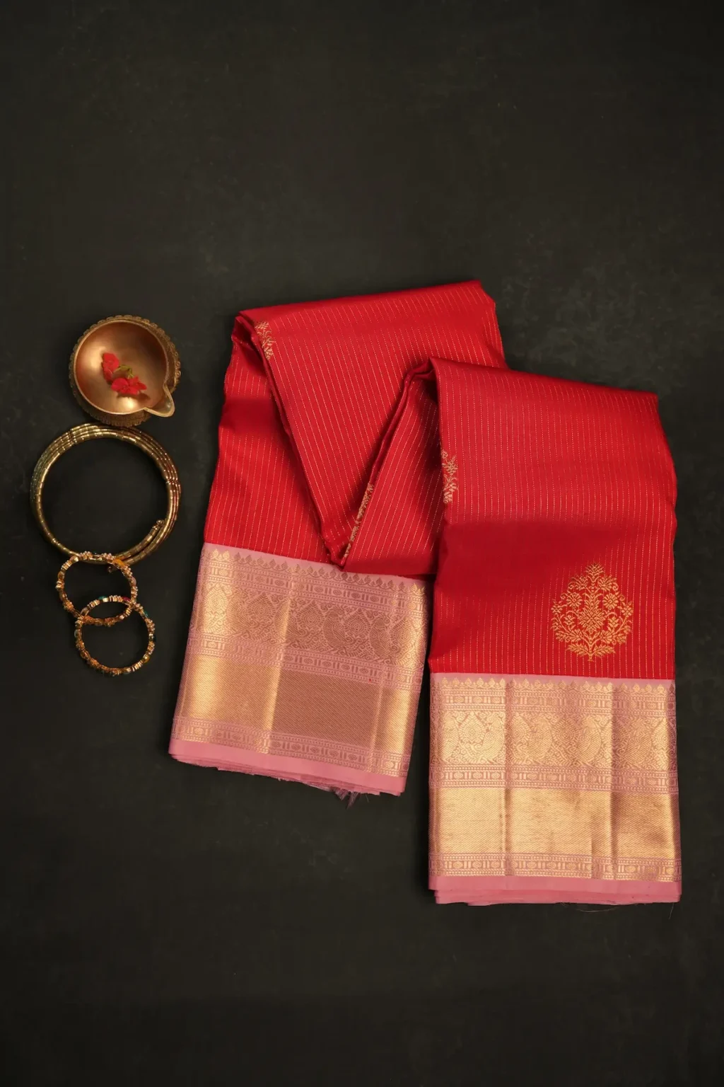 Bright Red Kanchipuram Silk Saree with Large Zari Motifs & Wide Contrast Pink Korvai Border