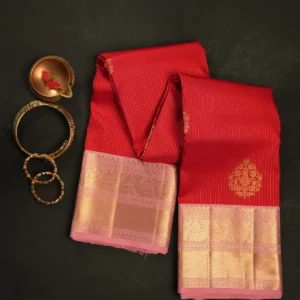 Bright Red Kanchipuram Silk Saree with Large Zari Motifs & Wide Contrast Pink Korvai Border