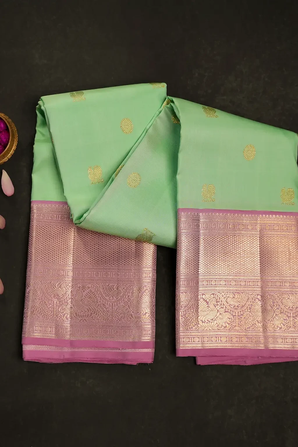 Pastel Mint Kanchipuram Silk Saree with Gold Buttas & Wide Lavender Brocade Border and Pallu