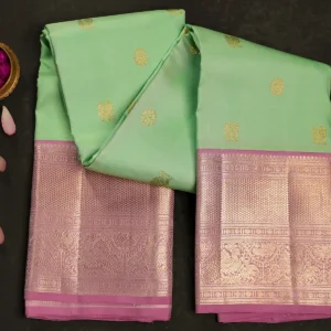 Pastel Mint Kanchipuram Silk Saree with Gold Buttas & Wide Lavender Brocade Border and Pallu