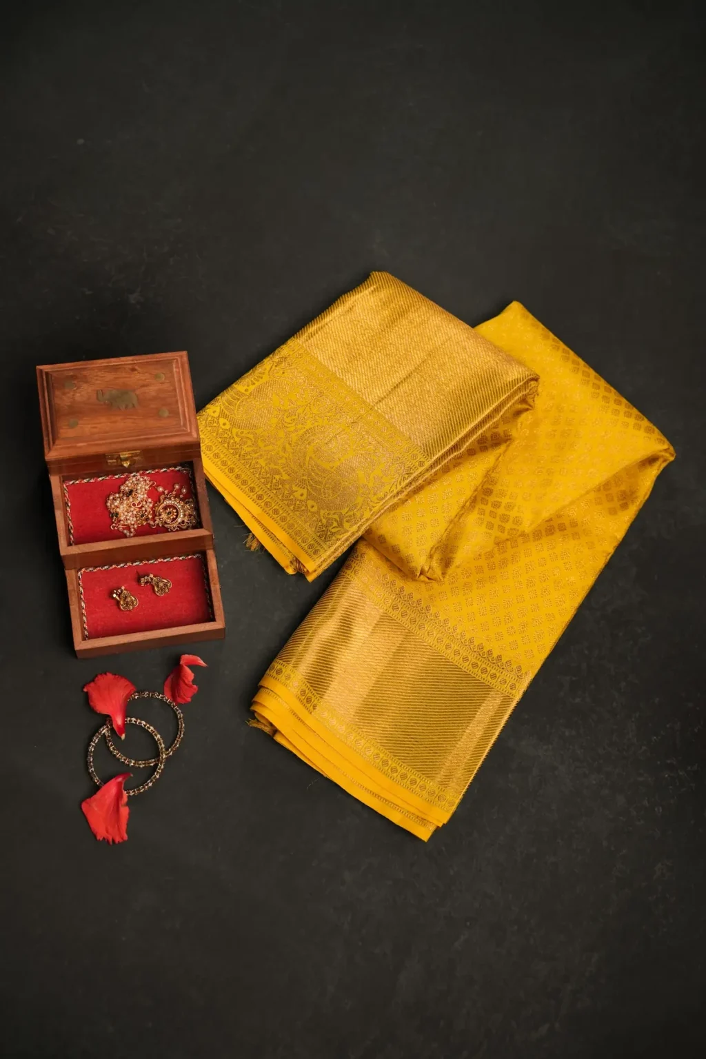 Mustard Yellow Kanchipuram Silk Saree with Gold Zari Weave & Peacock Motif Brocade Border