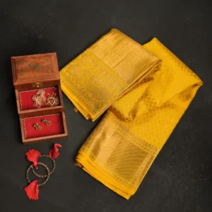 Mustard Yellow Kanchipuram Silk Saree with Gold Zari Weave & Peacock Motif Brocade Border